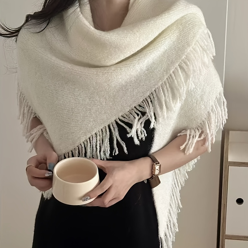 Fringed Triangle Shawl, Solid Color Scarf for Autumn/Winter
